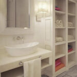 White vessel sink on suspended vanity with full height open shelving, classic design